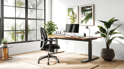 Poster - Office space with white walls, a large wooden desk, sleek ergonomic chair