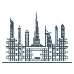 Wall Mural - United Arab Emirates skyscrapers silhouette. Dubai buildings, hotels and symbol vector illustration. Dubai city skyline. Towers and landmarks cityscape. Camel. Design for banner, poster or print.