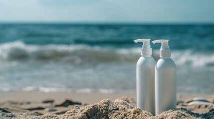 Sunscreen lotion, sunscreen on the sea sand on the ocean shore at sunset. skin care concept with uv protection, mockup for display and advertising of tanning products