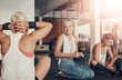 © DoneDeal/peopleimages.com - Happy people, fitness and class with friends for workout, exercise or stretching together on floor at gym. Young, active group and smile for indoor training, warm up or session at indoor health club
