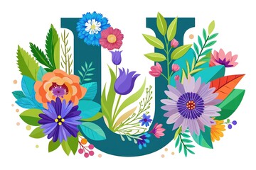 The letter U surrounded by colorful flowers and leaves in a vibrant and nature-inspired design,
Vibrant floral and leafy border surrounding the letter creating a nature-themed image. Ganaretive AI