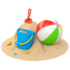 Wall Mural - 3d rendering blue sand bucket with red shovel and beach ball isolated on transparent background, PNG file add