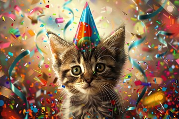 Wall Mural - Festive Kitten in Party Hat: An adorable digital illustration