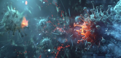 Wall Mural - A conceptual image of a virus being isolated and eliminated by antivirus software, visualized as a battle within a digital realm.