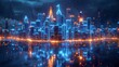 © visoot - A wireframe hologram of buildings with glowing blue lines forming intricate patterns around its iconic structure against an isolated dark background. industrial design features. Generative AI.