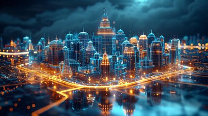 Aufkleber - A wireframe hologram of buildings with glowing blue lines forming intricate patterns around its iconic structure against an isolated dark background. industrial design features. Generative AI.