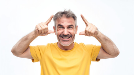 Wall Mural - Smiling mature man in a yellow shirt, pointing at his temples with both index fingers
