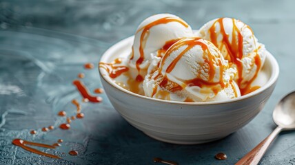 Three scoops of vanilla ice cream with caramel sauce in bowl