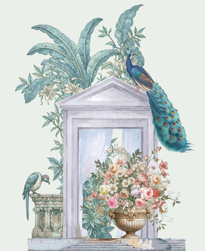 illustration of classical Roman flower vase with temple dome, bird and peacock for wallpaper