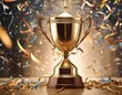 © Rendy Dastian - Gold first place winners trophy with falling confetti and streamers