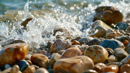 Wall Mural - beach with rocks and water. Wave Splashing On Rock
