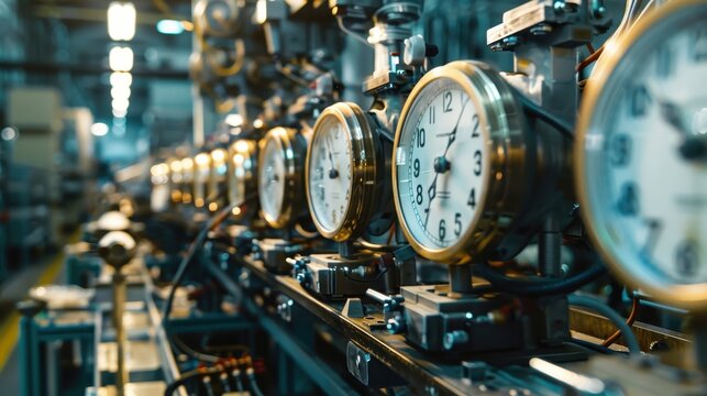 Industrial pressure gauges and dials in a factory setting. Precision measurement equipment for production and engineering applications.