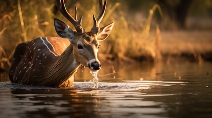 A Spotted Deer Quenching Its Thirst