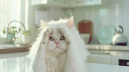 Canvas Print - Pure white Persian cat cleans his forehead with his hands, the kitchen