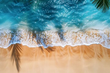 Wall Mural - Sandy beach with palm tree shadows and gentle waves of turquoise water