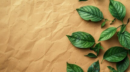 Wall Mural - Dark green of beige leaves with cream or yellow on eco-friendly blank cardboard box paper texture background.