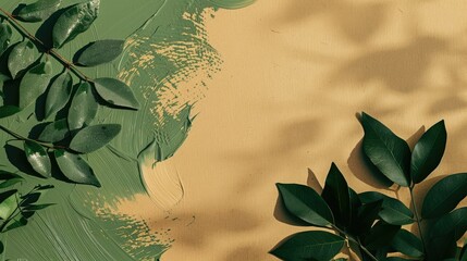 Wall Mural - Dark green of beige leaves with cream or yellow on eco-friendly blank cardboard box paper texture background.