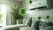 © neirfy - Illustration of airborne viruses spreading via air conditioner inside a room, emphasizing potential health hazards.