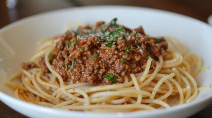 Wall Mural - A satisfying plate of spaghetti bolognese, featuring hearty meat sauce simmered to perfection.