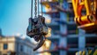 © Aeman - close-up of a crane hook lifting a large piece of construction equipment into place