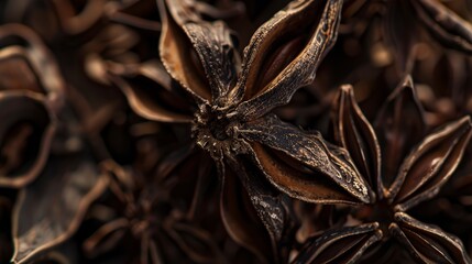 Wall Mural - Detailed shot of a star anise pod, intricate shape and dark brown color, soft light, aromatic and detailed