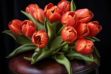 Wall Mural - Bright red tulips on a dark background.