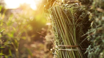 Wall Mural - sunlit bundle of freshly harvested hay tied with twine