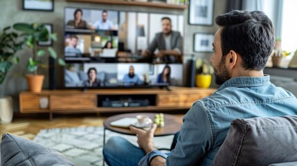 Man attending a video conference from home, sitting on a sofa in a cozy living room. Modern work-from-home concept.