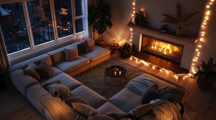 Wall Mural - cozy living room with a large sectional sofa, a fireplace, and warm lighting creating a perfect space for relaxation