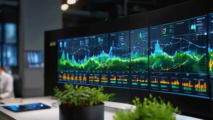 a professional team implementing a corporate sustainability program. Display visuals of digital tools tracking carbon footprint, green certifications, and eco-conscious work habits.