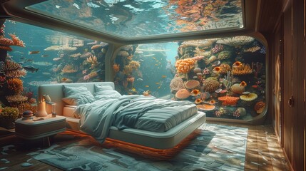 Wall Mural - An underwater bedroom with a glass dome ceiling, surrounded by colorful marine life. Generative AI.