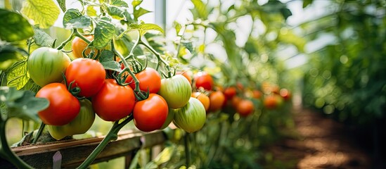 Growing red and green tomatoes in a garden greenhouse close up The concept of farming and gardening. Creative banner. Copyspace image