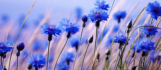 Wall Mural - corn flowers centaurea cyanus in field of rye. creative banner. copyspace image