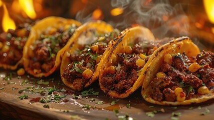 Wall Mural - Delicious Mexican tacos with meat, beans and vegetables on a dark background. Close up