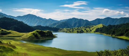 Wall Mural - lake in a green hills. Creative banner. Copyspace image