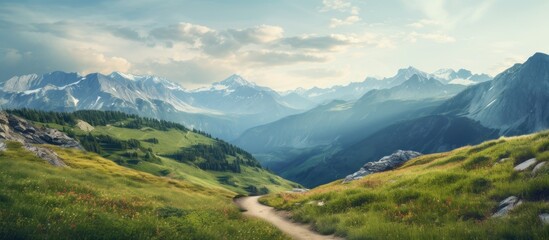 Canvas Print - View at the mountains while hiking. Creative banner. Copyspace image