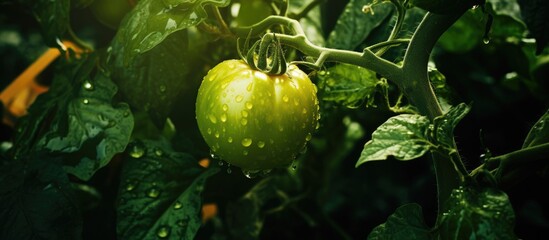 Poster - Green tomato on bush. Creative banner. Copyspace image