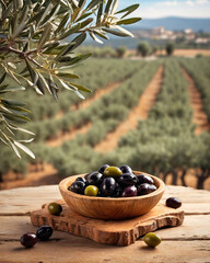 Sticker - Close up of fresh black olives on a rustic wooden table. Different marinated olives on table close-up. Green and black olives.