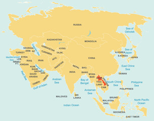  Highlighted red map of LAOS inside orange detailed tagged map of Asia using orthographic projection on blue background