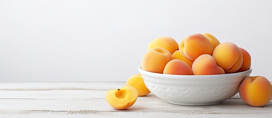 Wall Mural - Bowl with pieces of sweet apricots on white table. Creative banner. Copyspace image