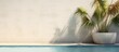 © HN Works - Tropical summer background with concrete wall pool water and palm leaf shadow Luxury hotel resort exterior for product placement Outdoor vacation holiday house scene neutral architecture aesthetic