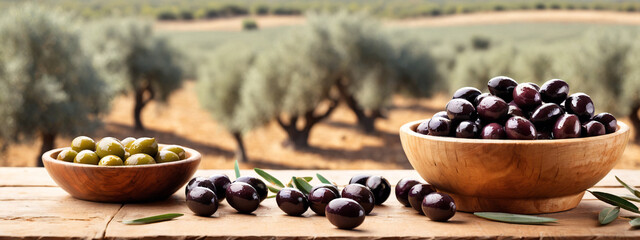 Sticker - Close up of fresh black olives on a rustic wooden table. Different marinated olives on table close-up. Green and black olives.