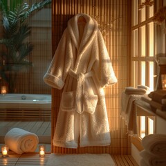Wall Mural -  a fluffy white spa robe hanging against a bamboo wall in a warm candle-lit room