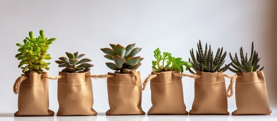 Poster - Adromischus and anacampseros sunrise house plants on kraft bag over white. Creative banner. Copyspace image