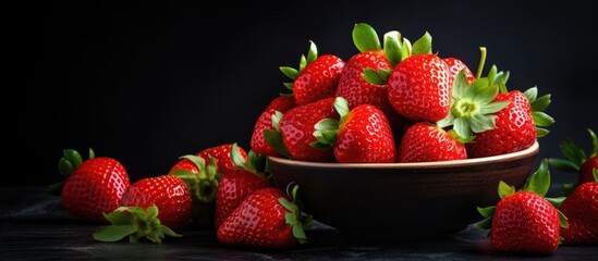 Wall Mural - fresh strawberries on black background. Creative banner. Copyspace image