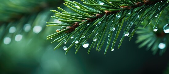 Fototapete - Christmas tree needles in dew drops. Creative banner. Copyspace image