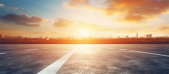 Canvas Print - The picturesque landscape and the Sunrise over the road Asphalt road with marking With the blur and bright sunlight. Creative banner. Copyspace image