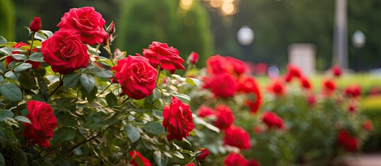 Canvas Print - red rose Bush flowers in the Park background for the design. Creative banner. Copyspace image