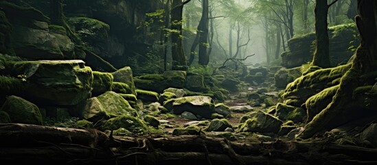 Sticker - mossy rocks and trees in a primeval forest. Creative banner. Copyspace image