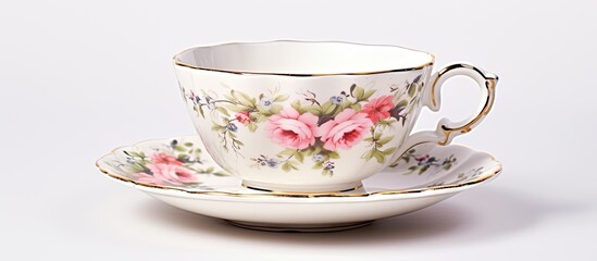 Aufkleber - vintage antique cup of tea decorated with flowers on white background in a shabby chic look. Creative banner. Copyspace image